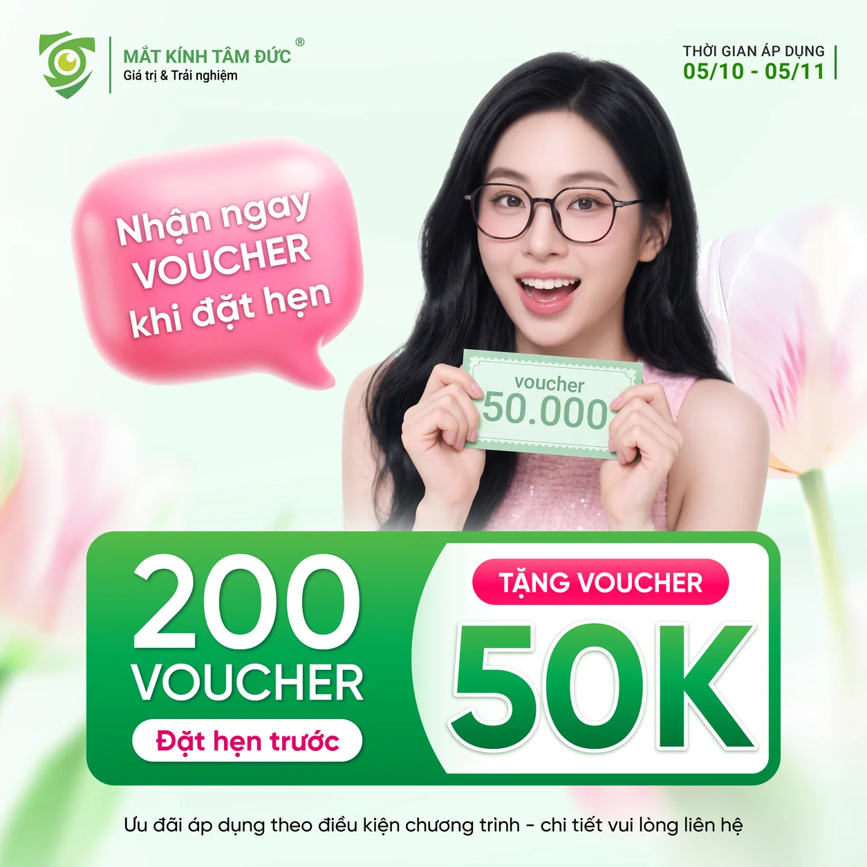 200 voucher 50K khi đặt hẹn trước tại Mắt Kính Tâm Đức